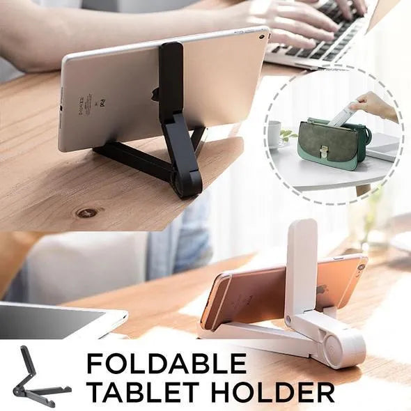 Black foldable tablet holder standing upright holding a tablet, shown next to its folded flat profile.