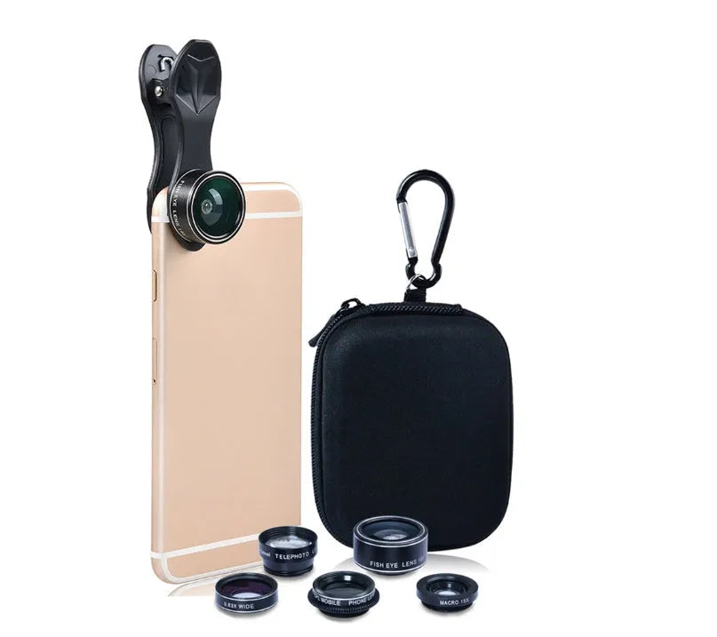 Universal 5-in-1 smartphone lens kit with fisheye, wide-angle, macro, telephoto and CPL lenses