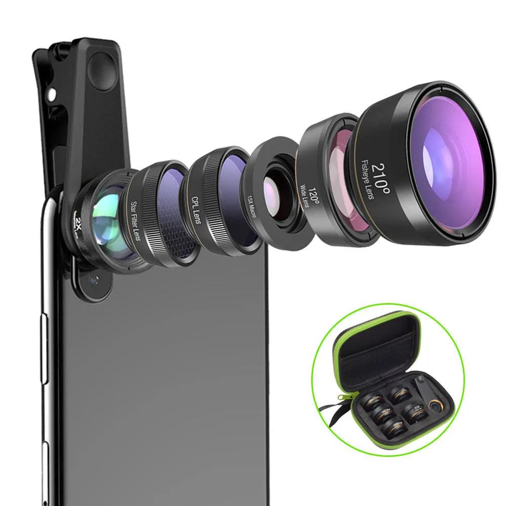 Black universal 6 in 1 smartphone camera lens kit showing fisheye, macro, wide-angle, telephoto, CPL and star filters with clip and case.