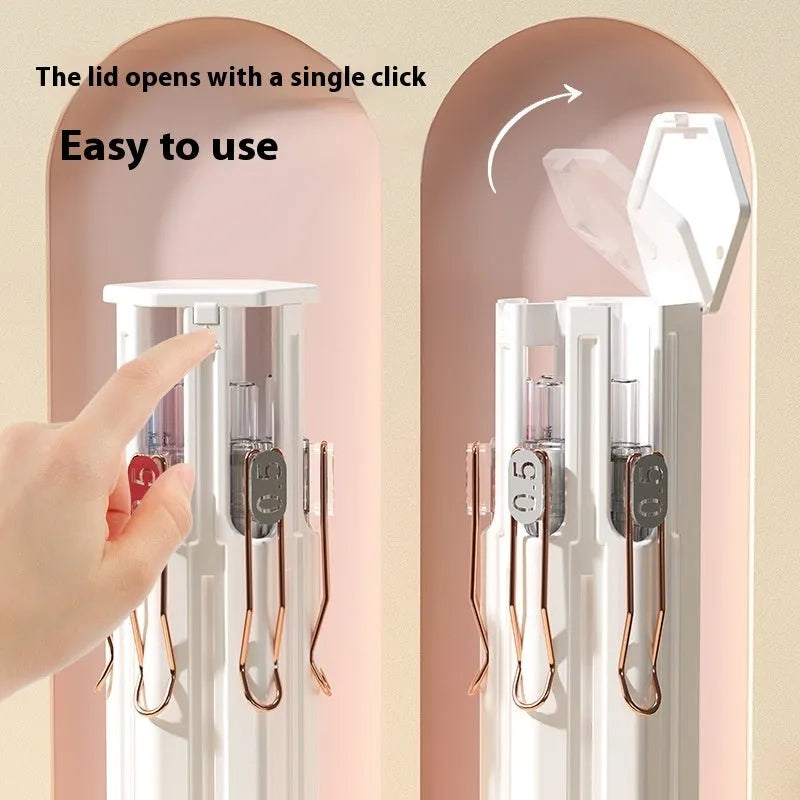 Plastic pressing pen kit with pencil case holding six pens in sky blue, vigorous white or girl pink colours