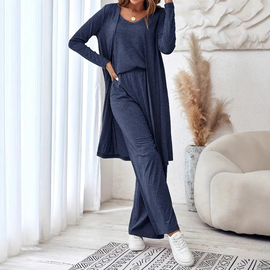 Blue polyester three-piece women's casual suit set with sling top, long cardigan, and trousers