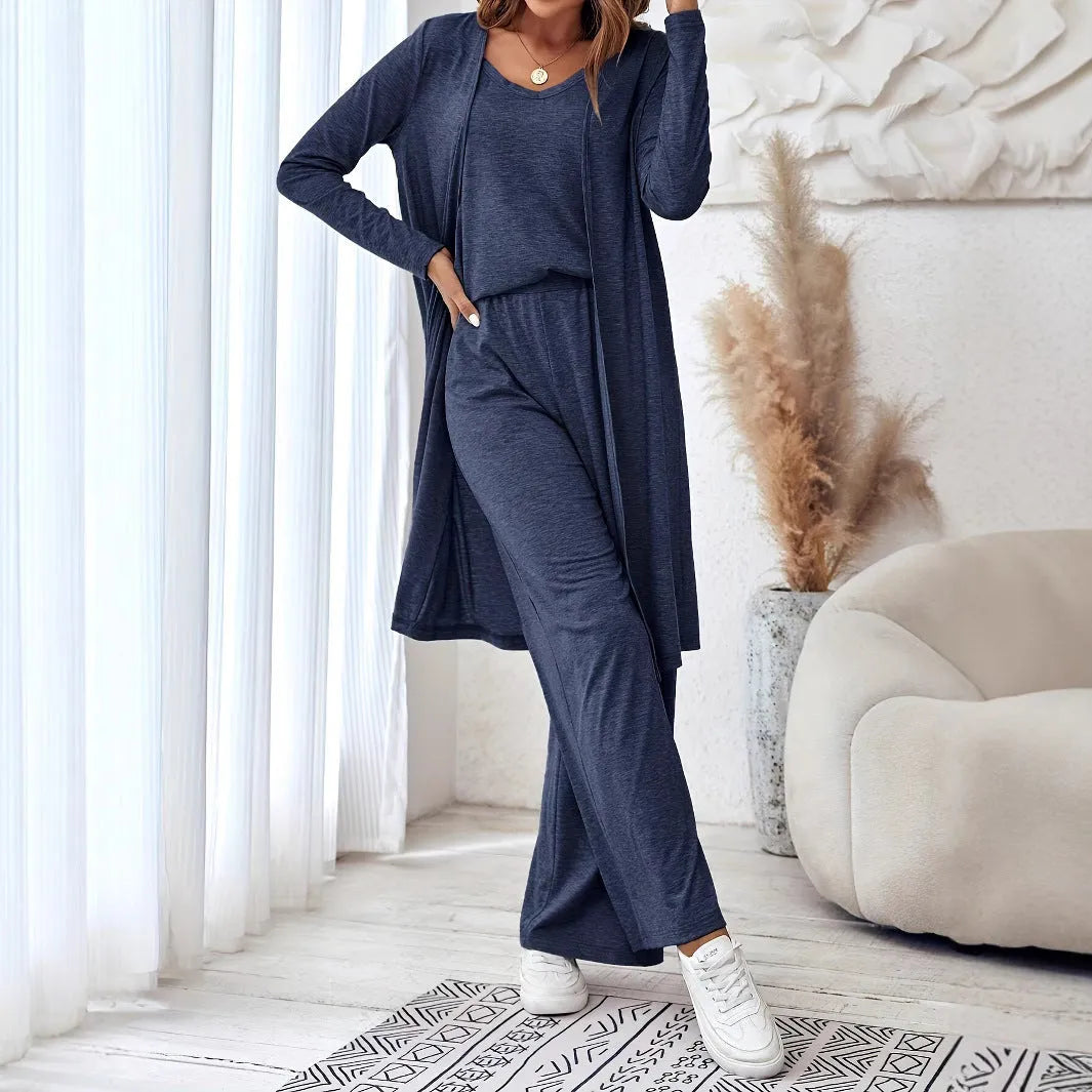 Blue polyester three-piece women's casual suit set with sling top, long cardigan, and trousers