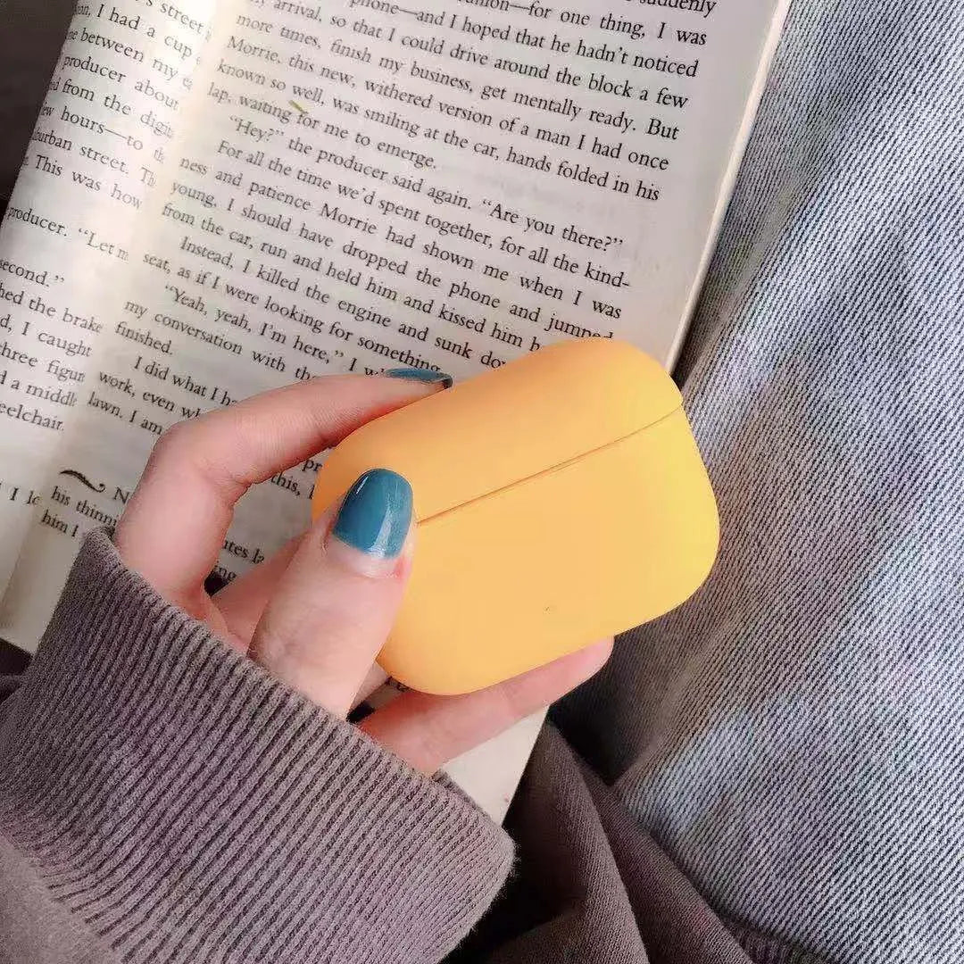 Plastic protective case for AirPods Pro in multiple colour options including light blue and grass green.