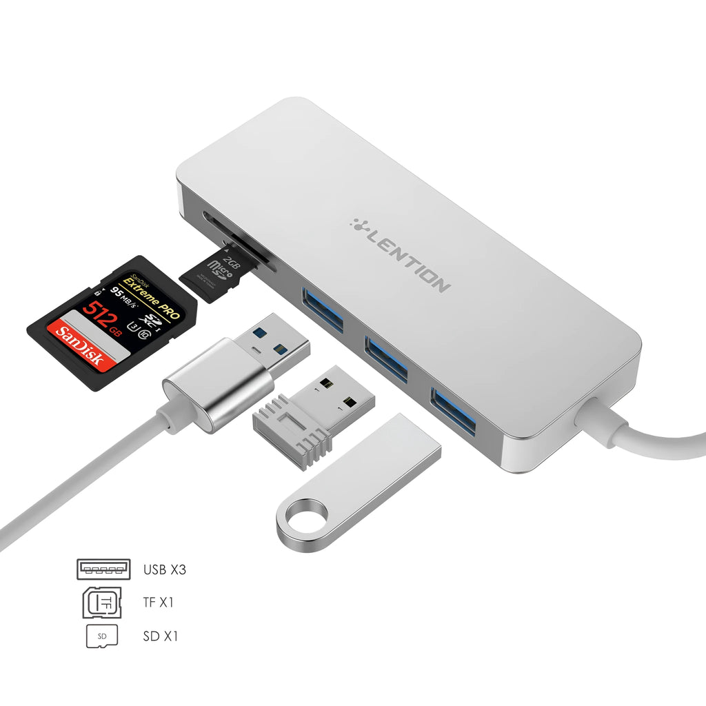 USB 3.0 hub multi-function card reader with three USB ports, SD slot, and TF slot on desk