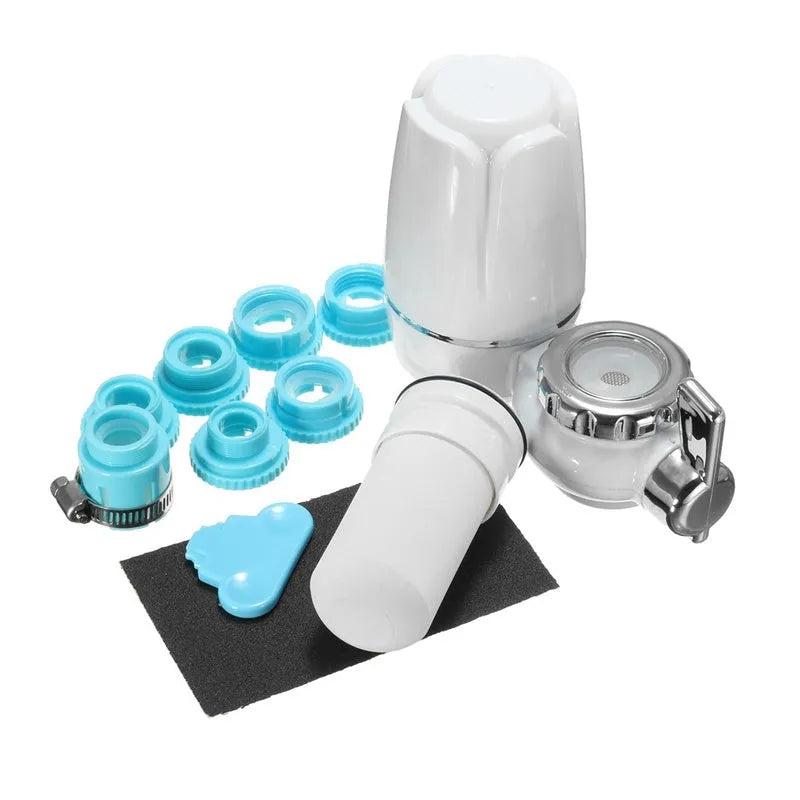 White plastic faucet water filter with ceramic cartridge and universal adapters for kitchen tap installation