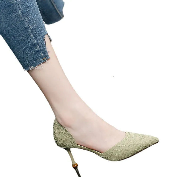Women's black PU leather stiletto heels with pointed toe and 6-8cm heel