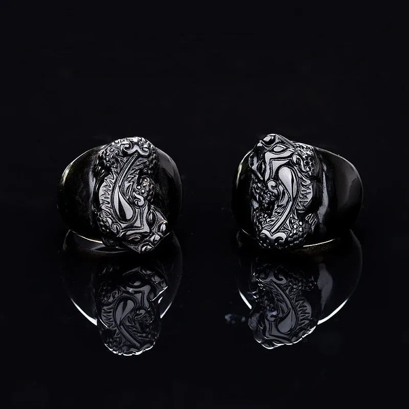 Men's domineering obsidian Pixiu thumb ring with natural gold sheen on an alloy band.