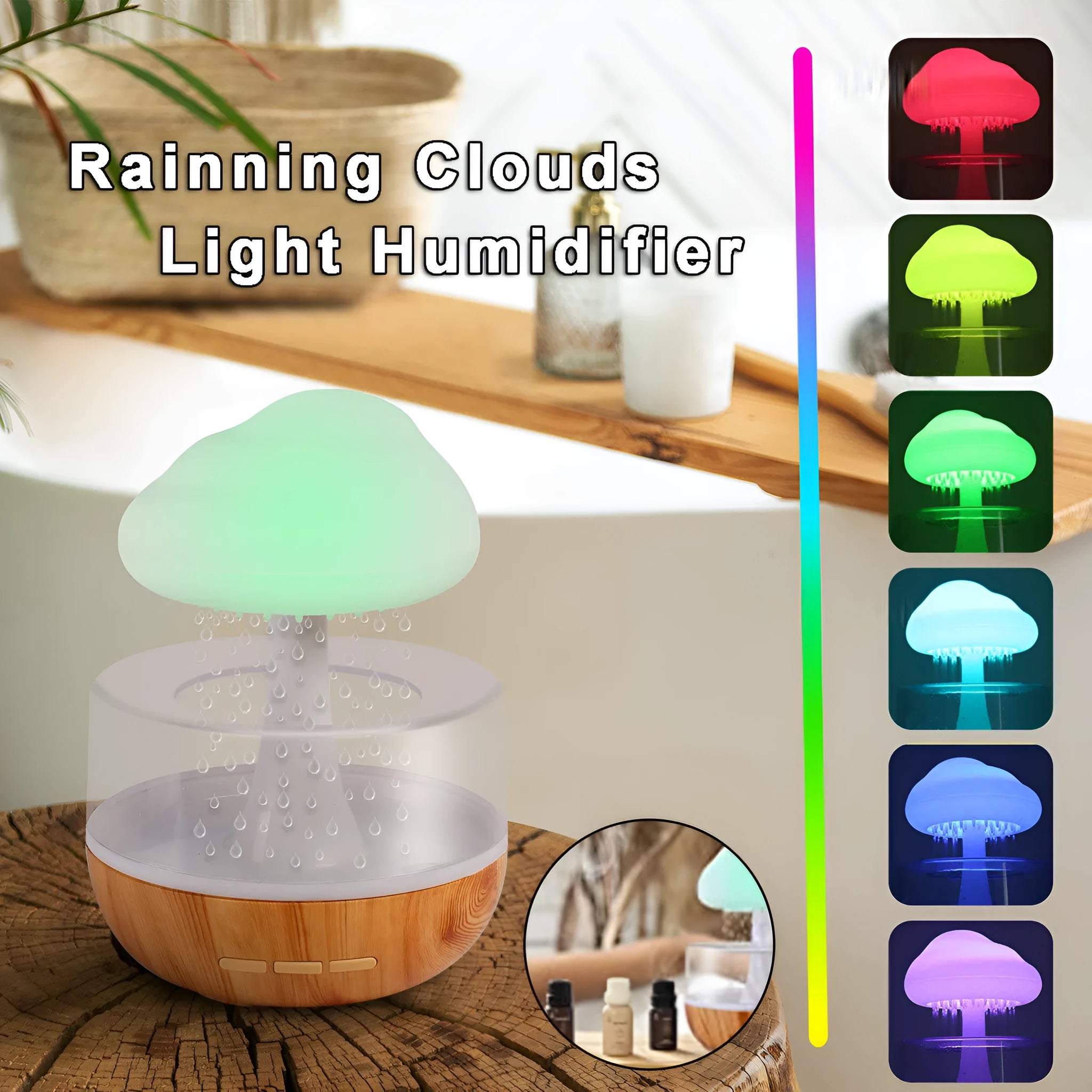 White USB micro humidifier with 400ml tank, colour-changing night light, and essential oil diffuser function