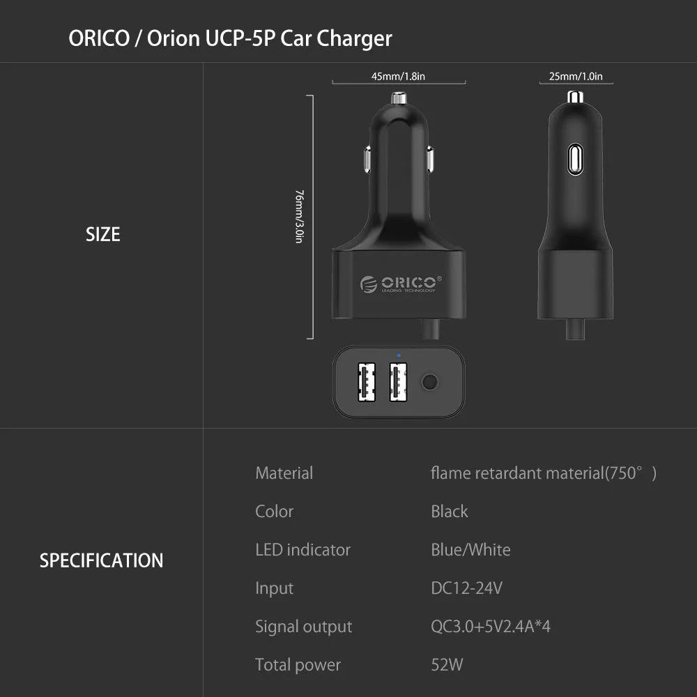 ORICO 5 port 52W QC3.0 car charger with fireproof PC ABS housing black