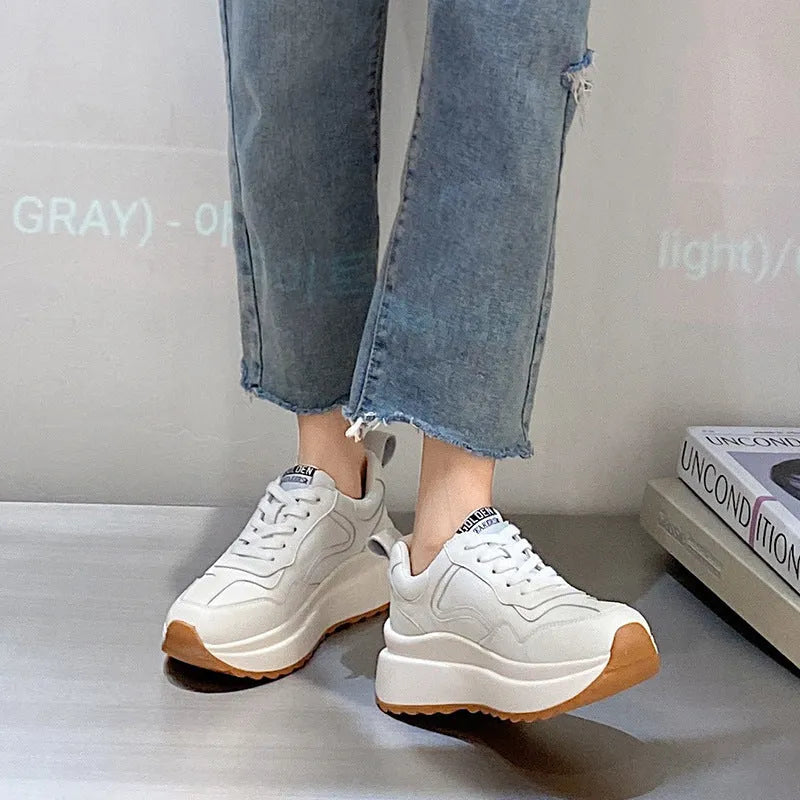 Women's white cowhide leather casual sports shoes with cross strap and round toe design