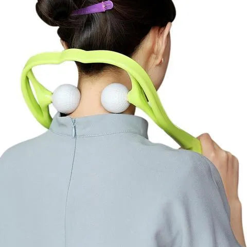 Plastic hand roller neck massager with adjustable stand in pink, blue, and green colours.