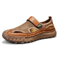 Men's black casual sandals showing breathable mesh upper and Velcro strap closure.
