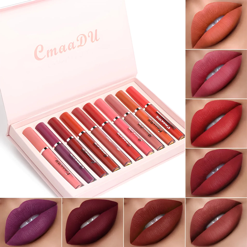Pack of 10 matte finish lipsticks with non-stick waterproof properties in photo-realistic colours