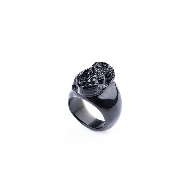 Men's domineering obsidian Pixiu thumb ring with natural gold sheen on an alloy band.