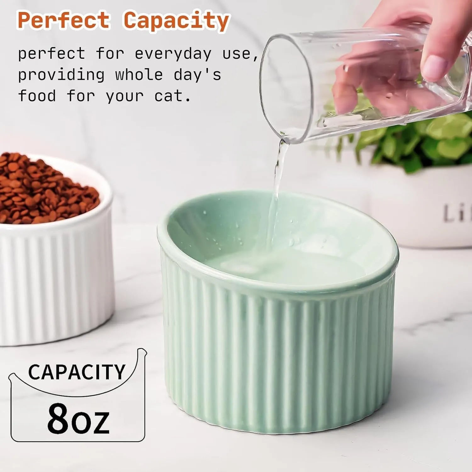 Elevated ceramic cat bowl in dark green colour showing tilted round design