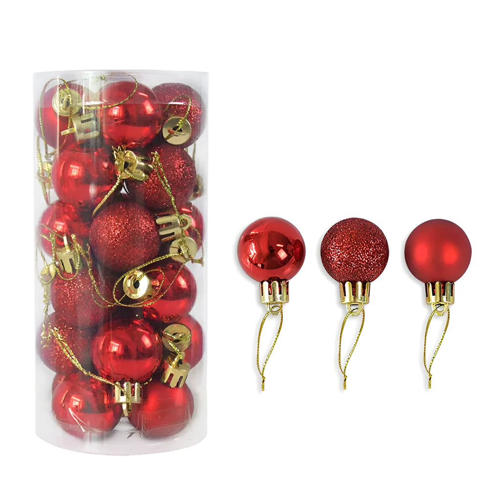 Assortment of 3cm diameter shiny and matte Christmas ball baubles in gold, red, silver, blue, and pink colours.