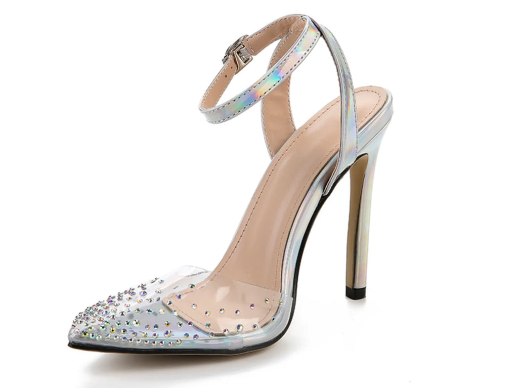 Women's pointed-toe stiletto sandals with a diamond detail on the PVC upper.