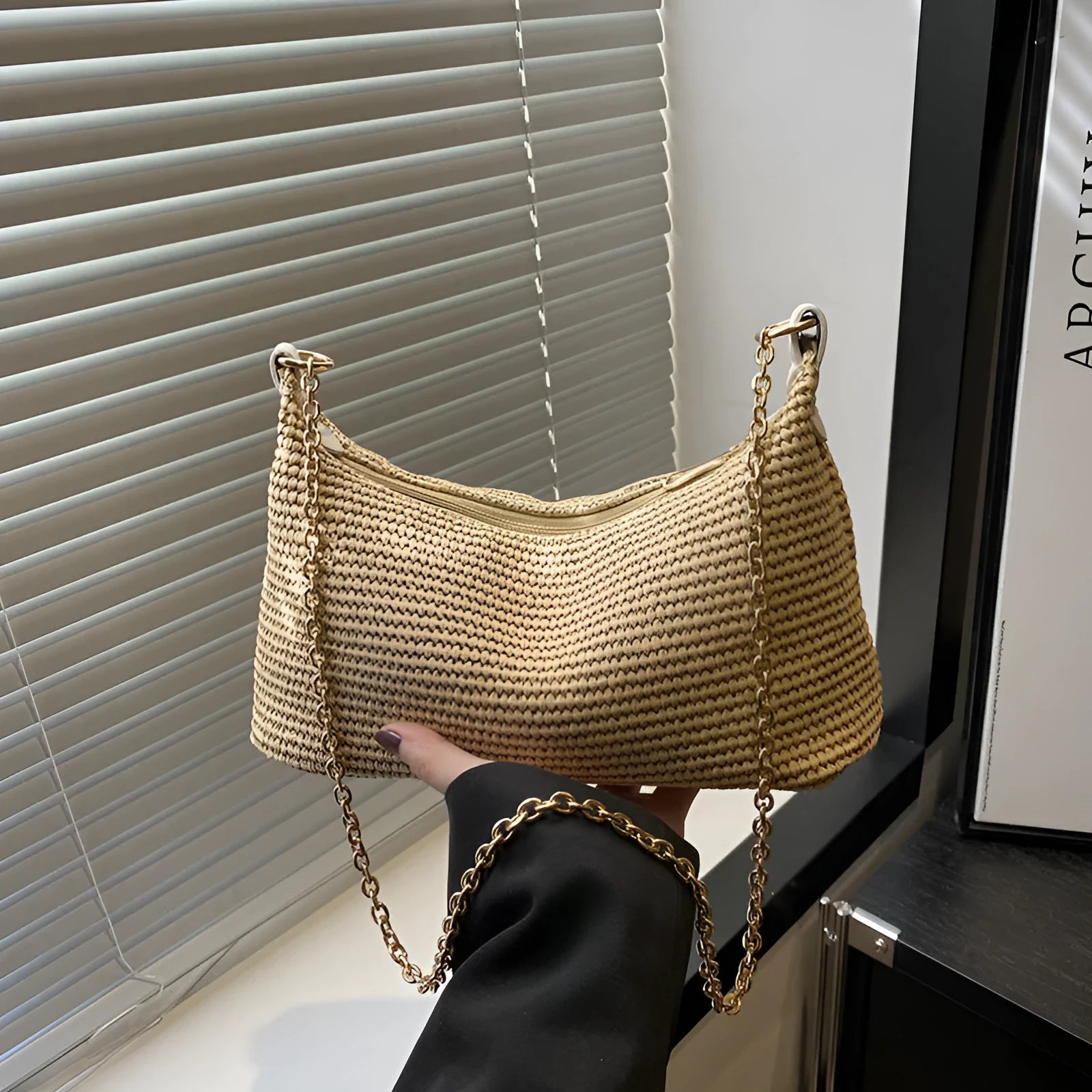Straw woven square beach tote bag with sandwich pockets and shoulder strap in khaki colour