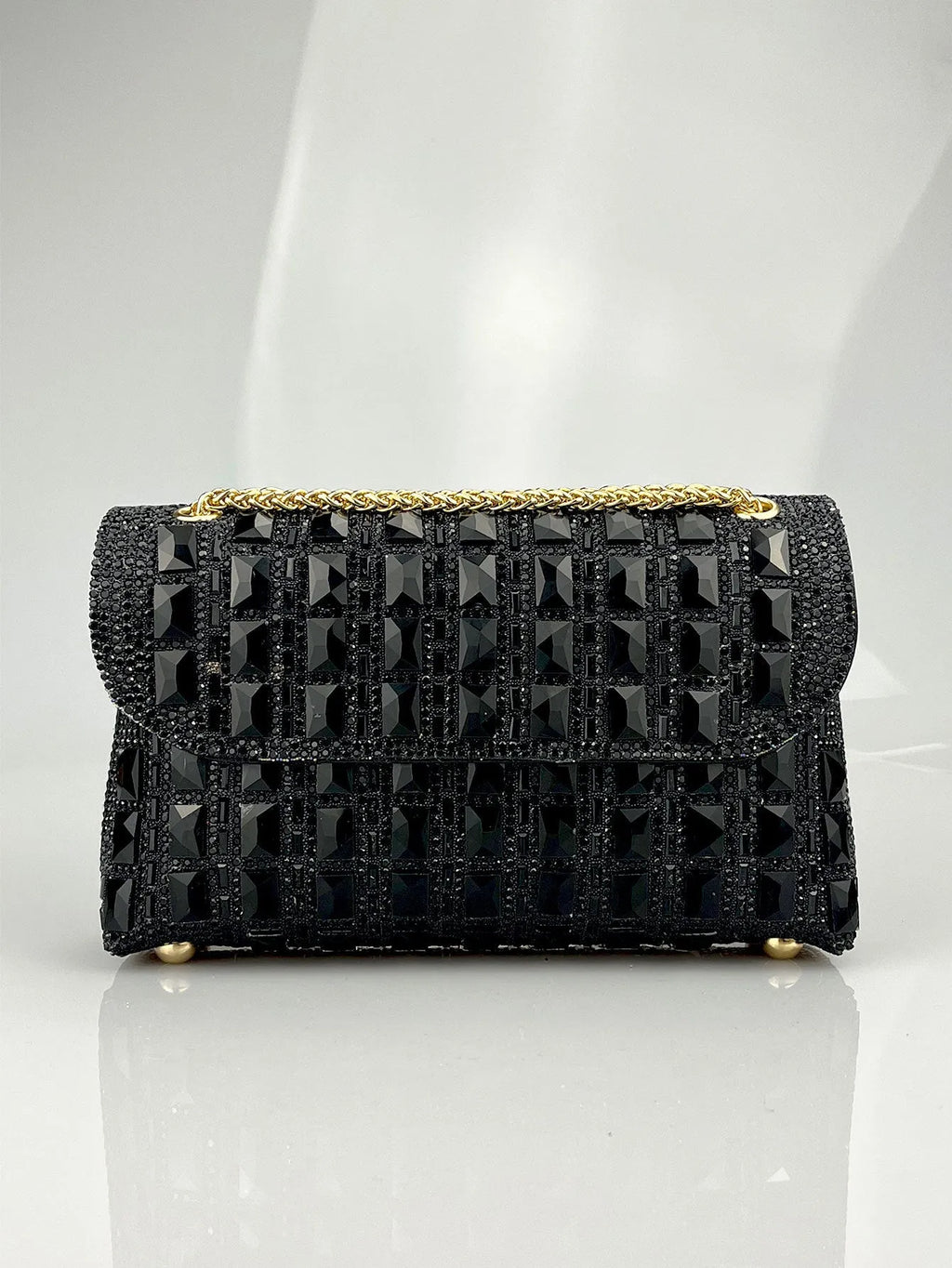 Shiny glass rhinestone chain clutch purse with diamond accents in horizontal square shape