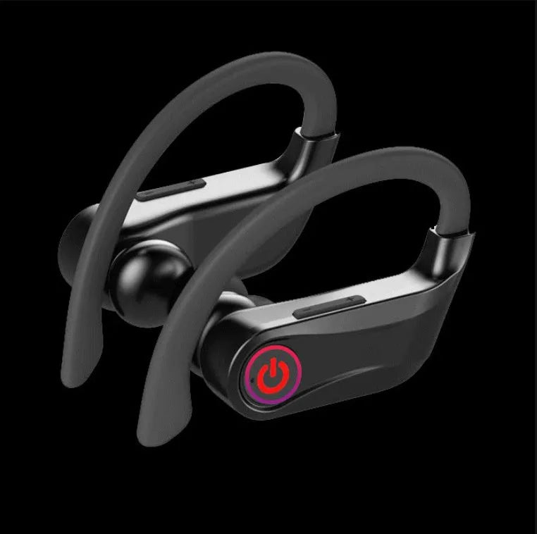 Black wireless Bluetooth in-ear headset with two earbuds on a white background.