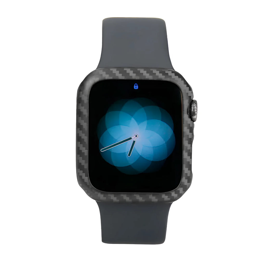 Apple Watch 4 protective case in half wrap leather design with carbon fibre detailing for 44mm models