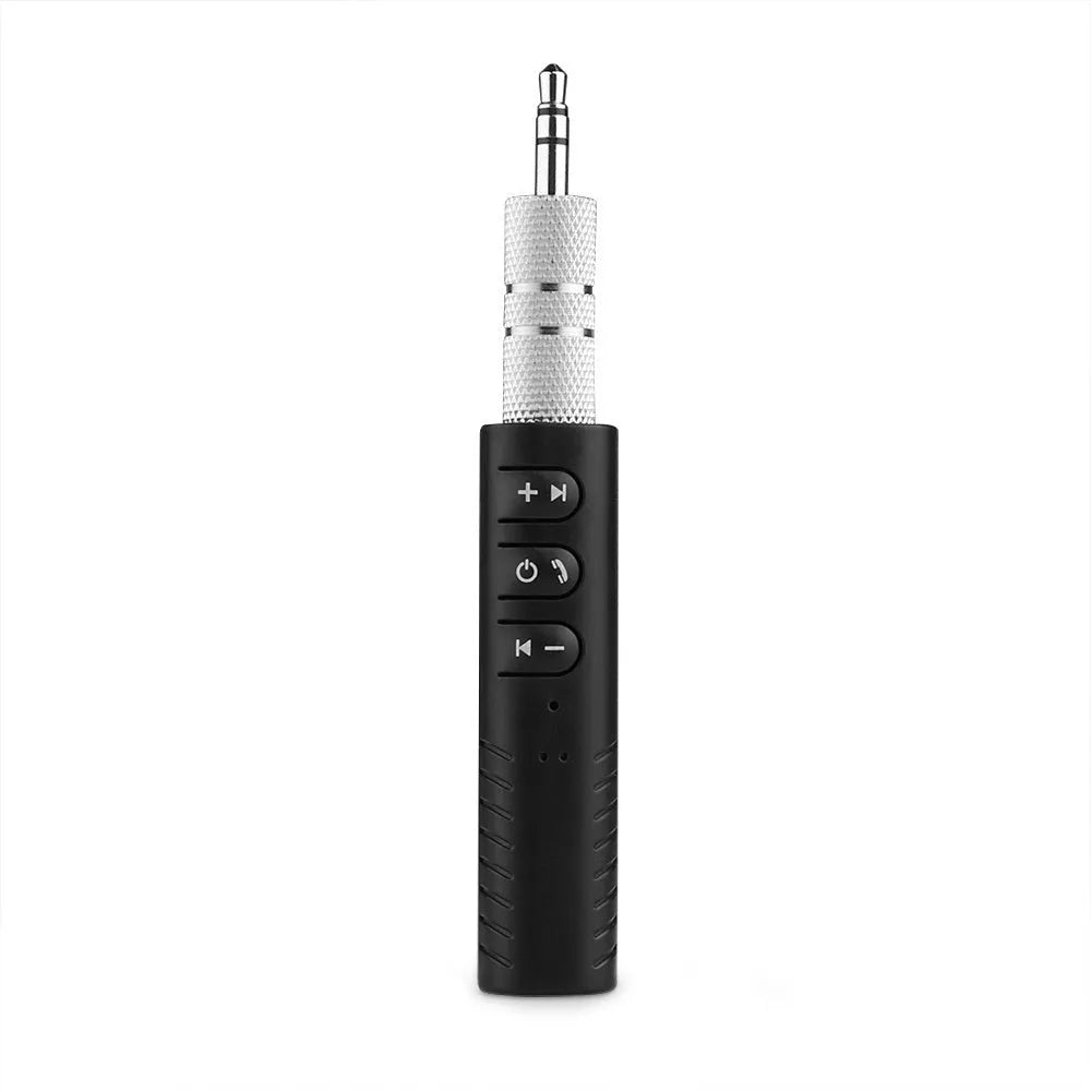 Black Bluetooth audio receiver with 3.5mm AUX jack for car stereo wireless connectivity