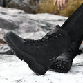 Cowhide leather hi-top hiking shoes with platform soles in beige, black or brown