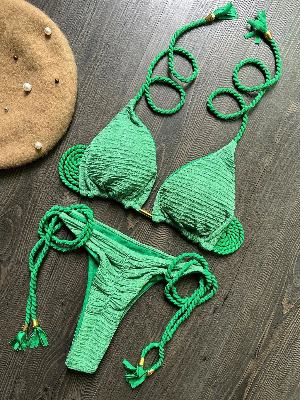 Women's fashion braided rope bikini suit in solid colour with cotton lining and nylon fabric