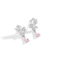 A pair of silver butterfly stud earrings with clear crystals on a white background.
