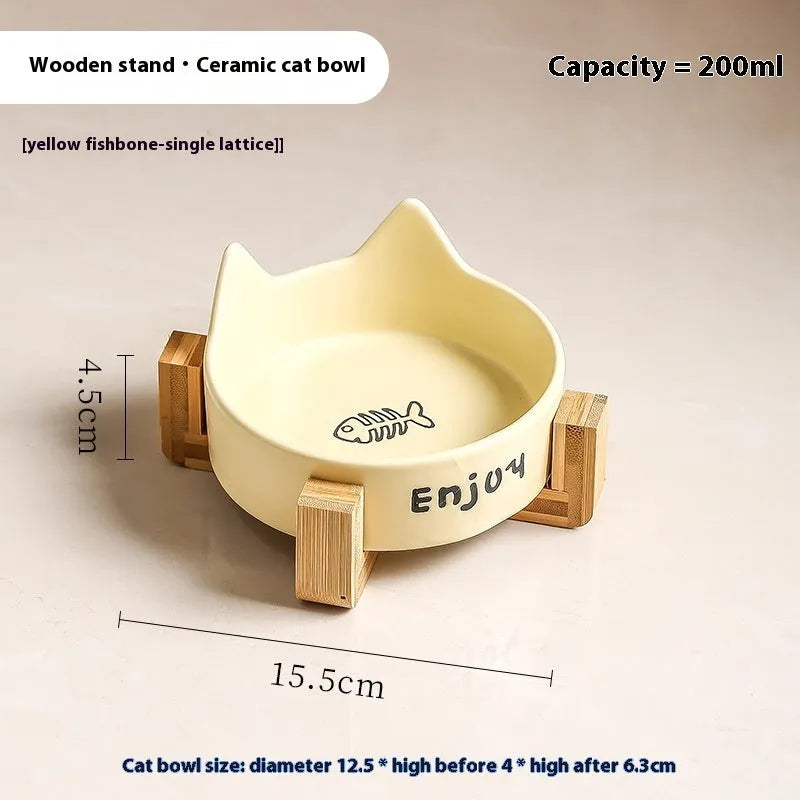 Porcelain cat food and water bowl set with wooden anti-tumble frame in various colours