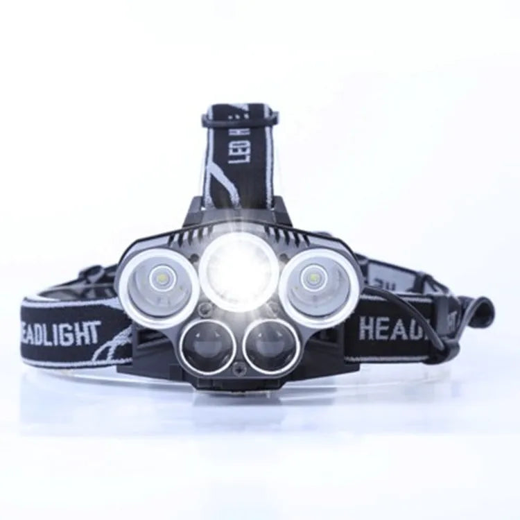 Head-mounted camping light with fixed focus beam showing waterproof construction and LED light source