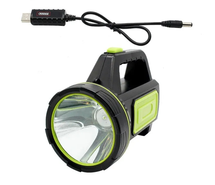 Green USB-rechargeable super bright LED flashlight with dual-mode function as torch or table light.