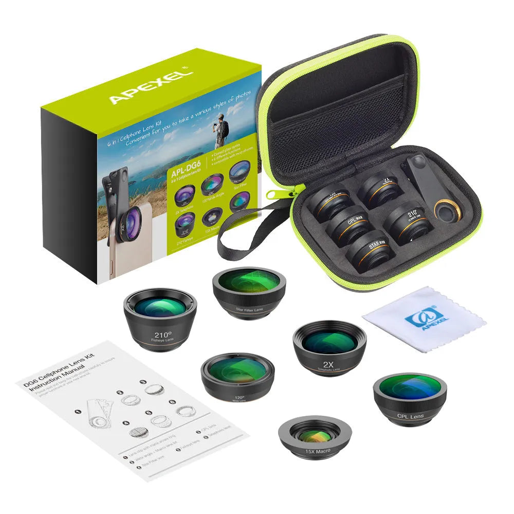 Black universal 6 in 1 smartphone camera lens kit showing fisheye, macro, wide-angle, telephoto, CPL and star filters with clip and case.
