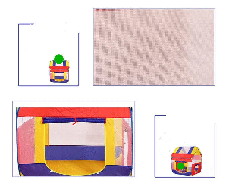 Large blue outdoor children's play tent with roll-up mosquito curtain in a garden setting