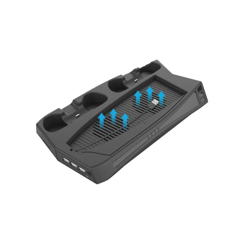 Black PS5 cooling and charging base station with two controller docks, USB ports, and a cooling fan.