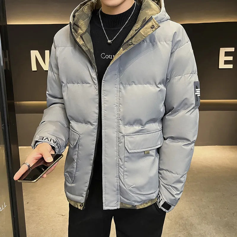 Men's hooded cardigan coat with polyester fibre filling, loose fit, available in black, khaki, and light blue