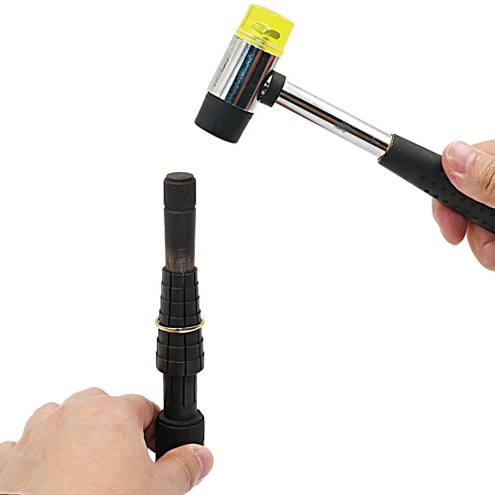 Plastic ring expansion tool with rotating expander mechanism and rubber hammer for jewellery size adjustment