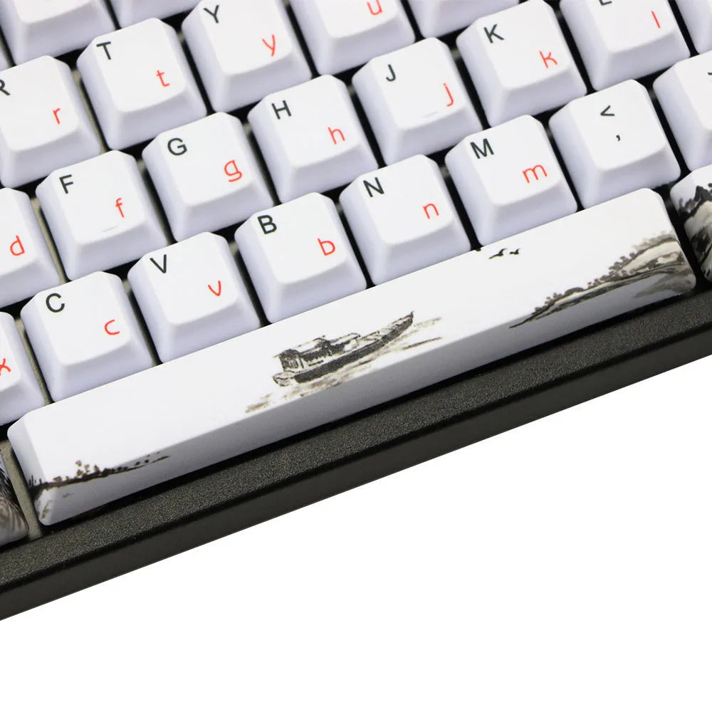 PBT Wangjiang plum blossom design keycap set for mechanical keyboards, showing Korean and Japanese legends.