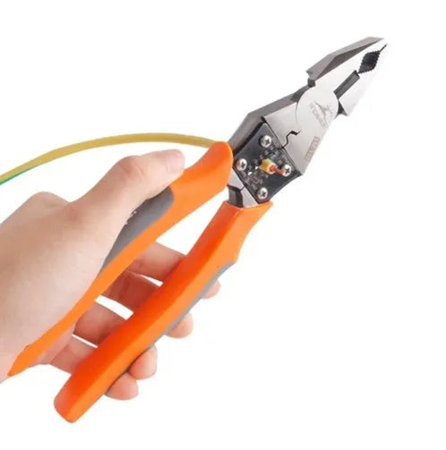 Orange multi-function wire cutter pliers with alloy steel head and PVC handle.