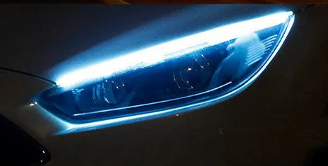 Flexible silicone LED strip light for car daytime running lights and animated turn signals.