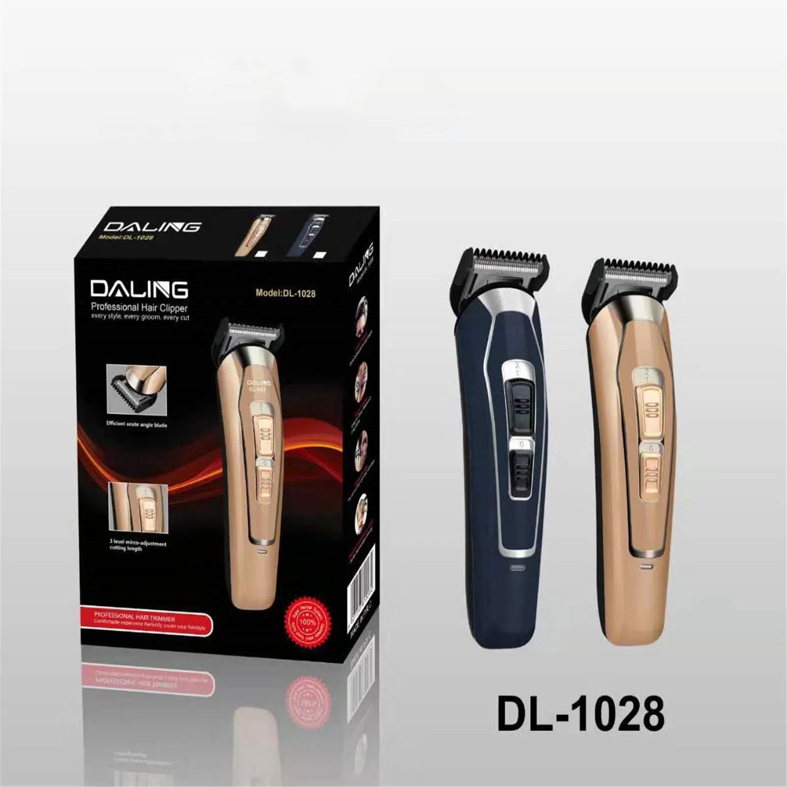 Dark blue cordless rechargeable electric hair clipper with stainless steel blades on a white background.