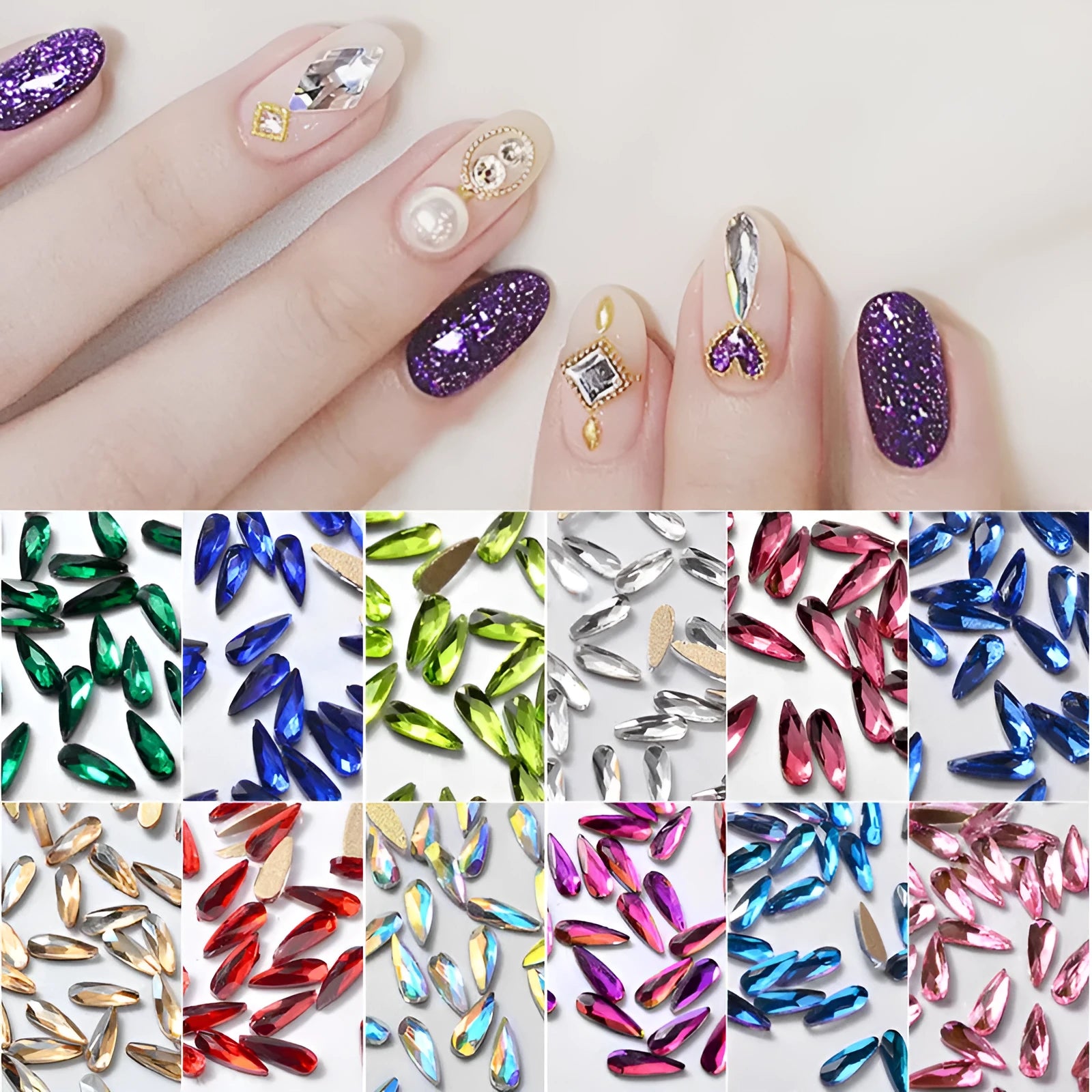 10 acrylic 3D nail art rhinestones in long water drop shape, 7x3mm, glitter finish, eleven colour options