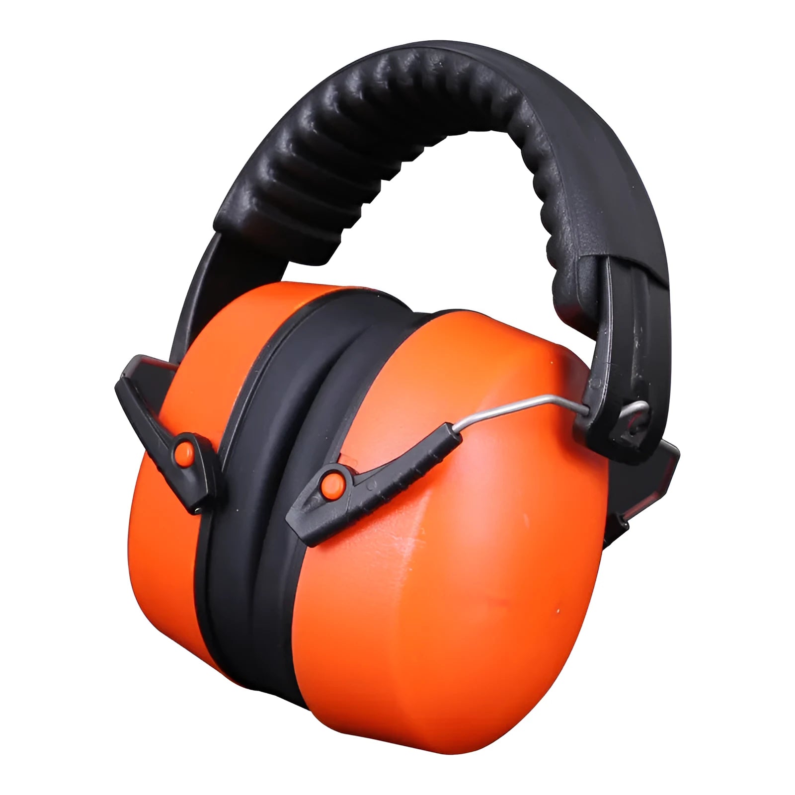 Orange adjustable noise-reducing headphones with protective earmuffs on a grey background.