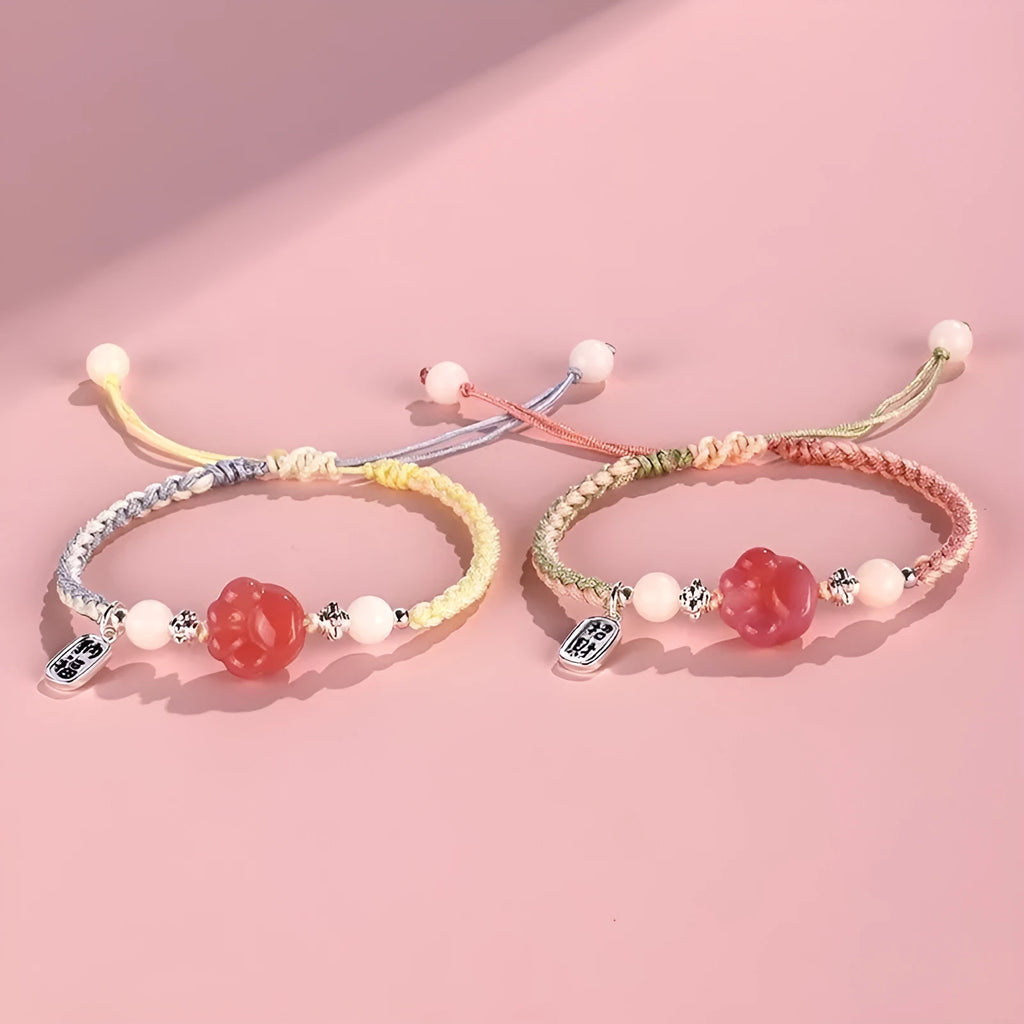 Red cat's paw woven couple bracelet with glass beads in pastoral style adjustable jewellery
