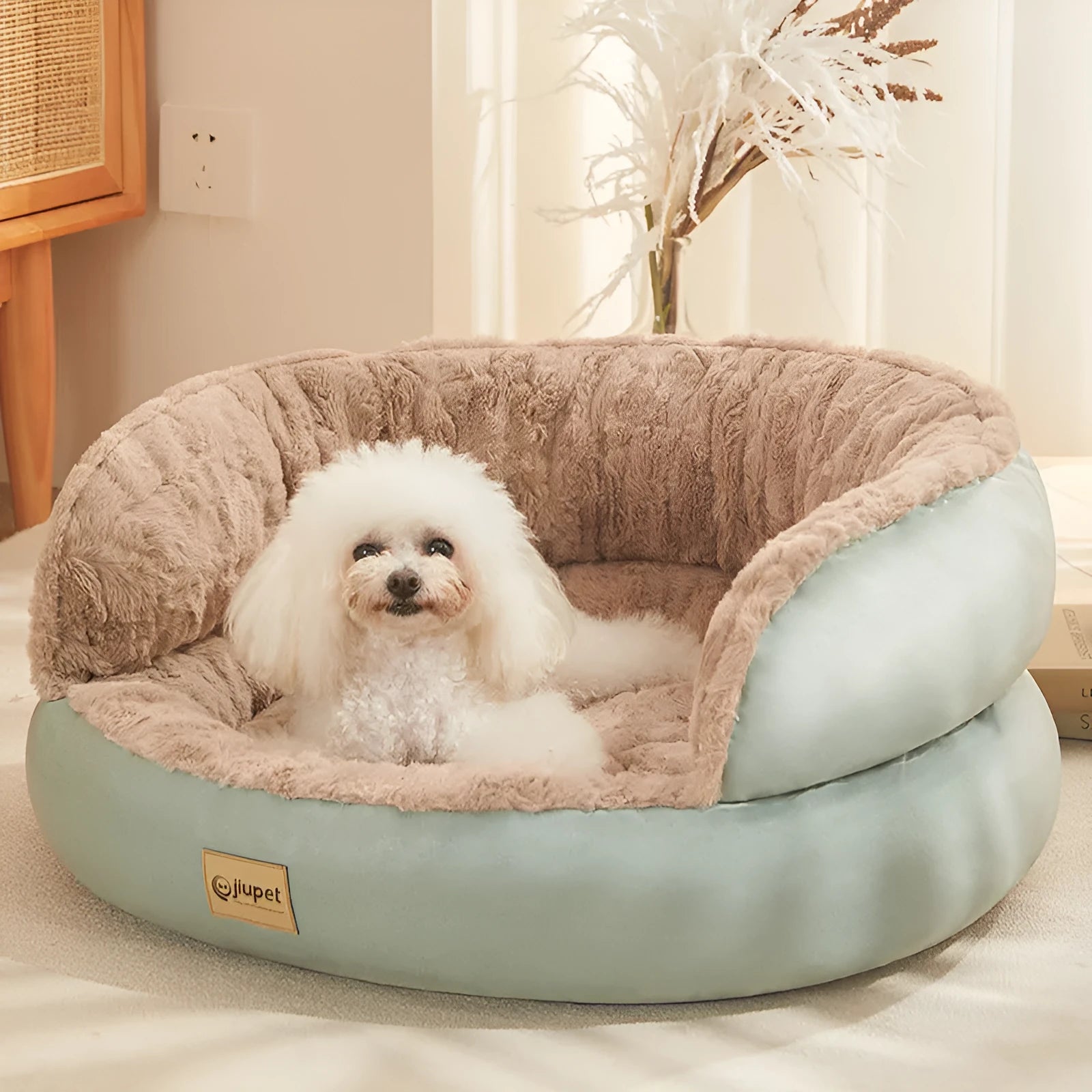 Green cloth sofa-style dog kennel with matching blanket, size M, on a wooden floor