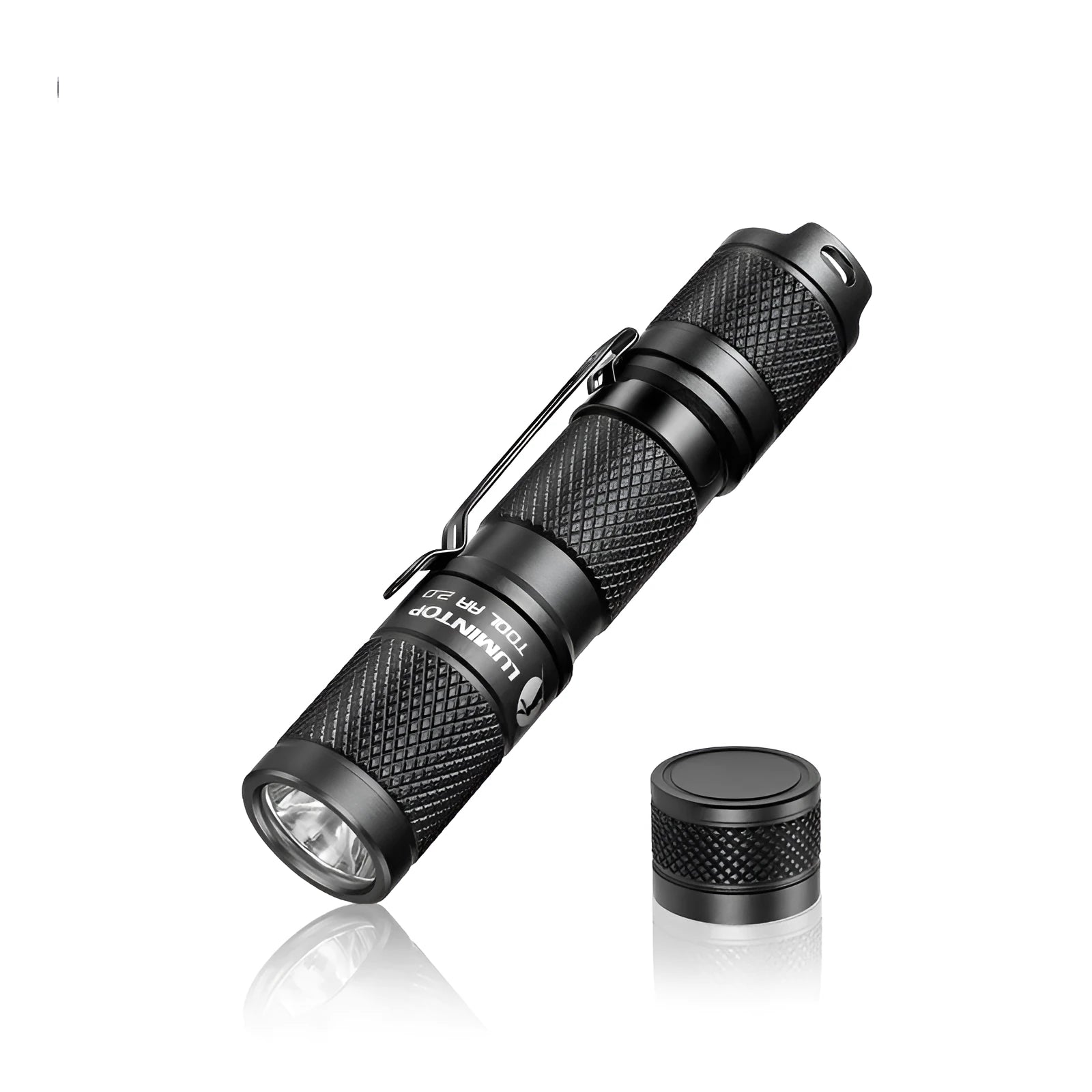 Lumintop Tool AA 2.0 black aluminium torch with keychain, shown next to included 14500 battery and diffuser.