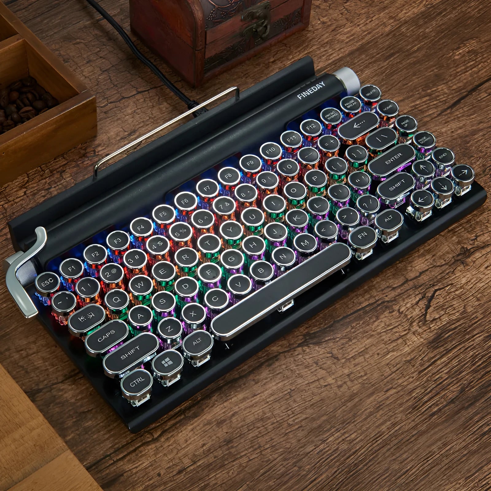 Black retro mechanical keyboard with 83 keys and seven-colour backlight illumination