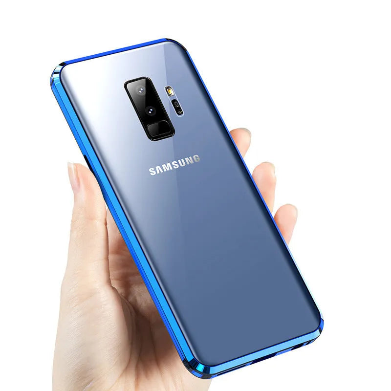 Black magnetic clamshell phone case for Samsung smartphones with glass construction and closed magnetic design