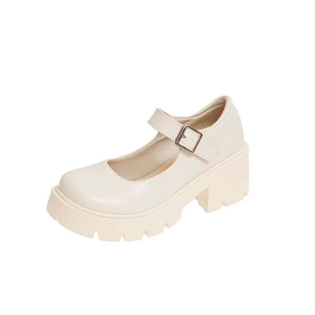 Chunky-heeled thick-soled JK uniform pumps for women with belt buckle in matte black