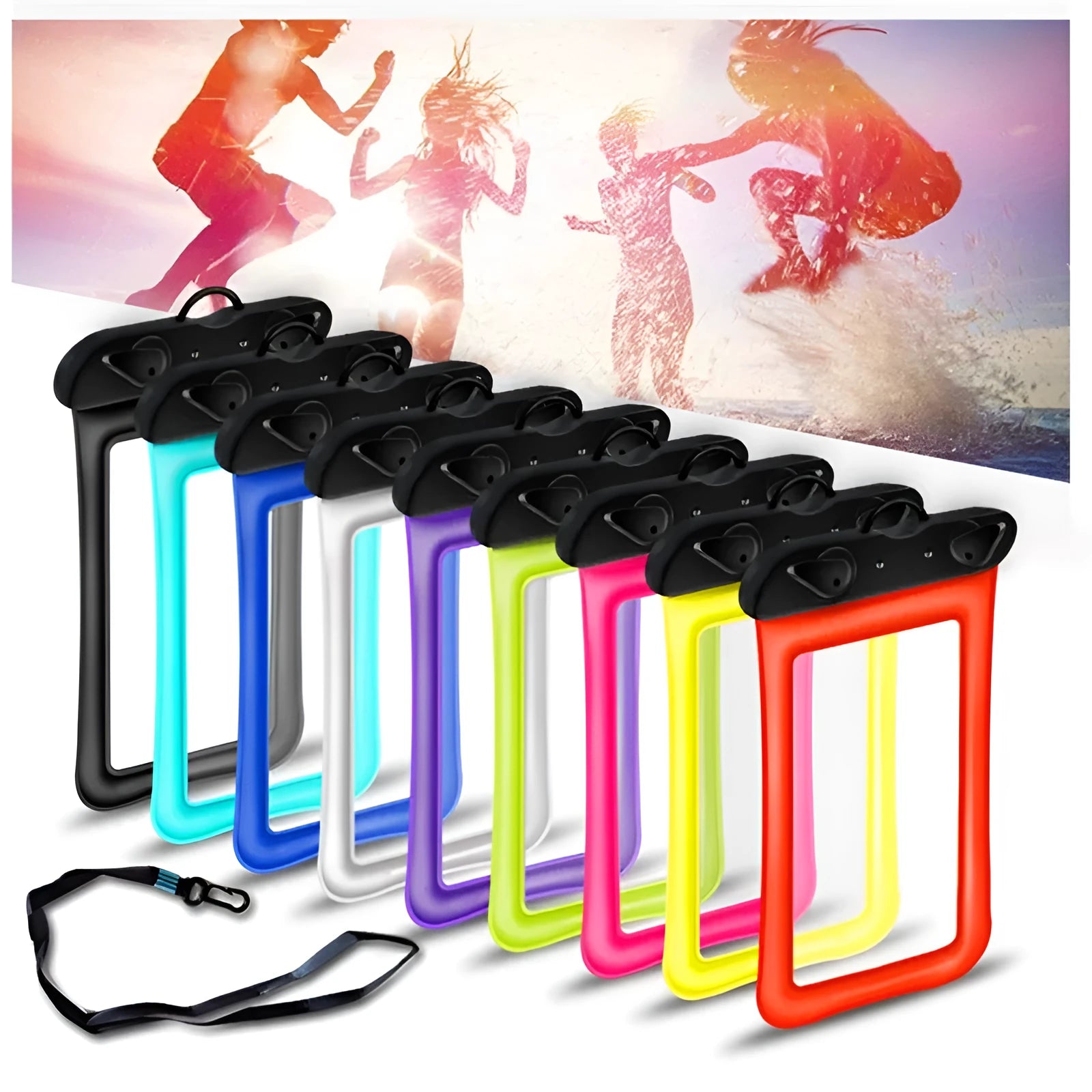 Orange double airbag waterproof phone pouch with a black rope